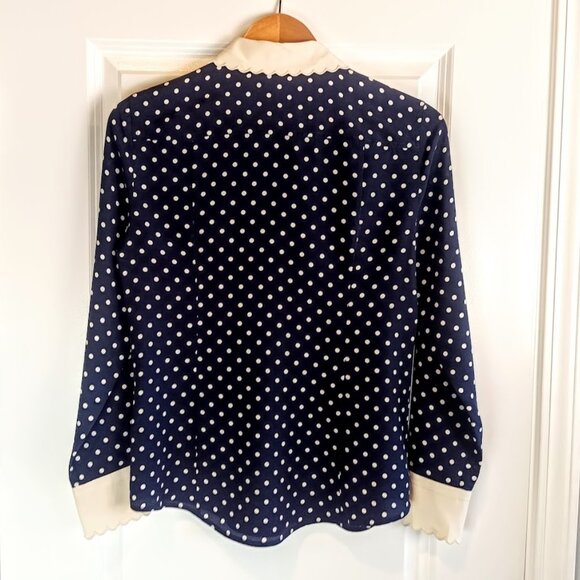 Tory Burch Navy Polka Dot Cream Scallop Silk Blouse - Picture 5 of 10